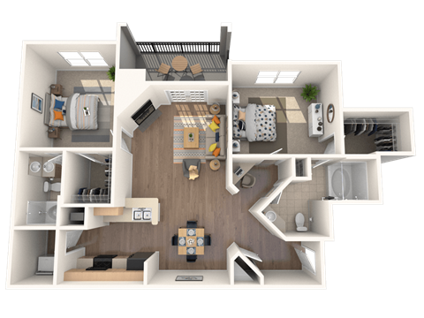 A 3D rendered image of a small apartment layout.